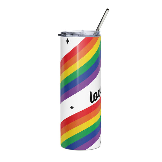 Love is Love Rainbow Pride Stainless Steel Tumbler with Straw by Spinsterly Co, rainbow stripes and clear lid