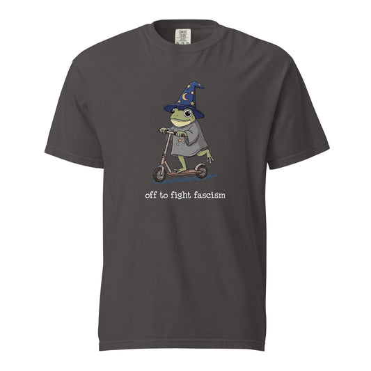 Off to Fight Fascism Wizard Frog Graphic Tee | Political Humor Statement Tee - Spinsterly Co