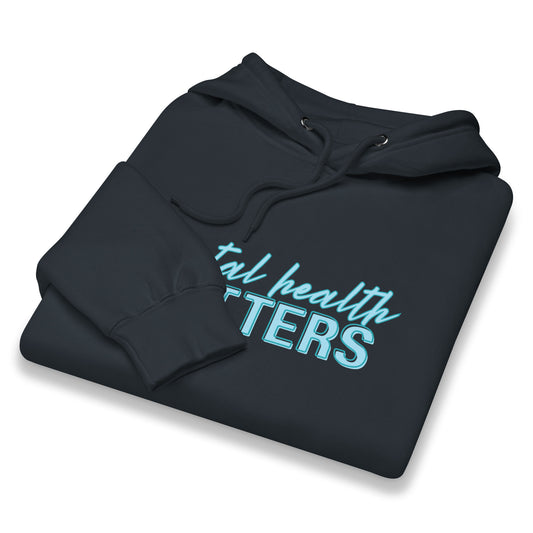 Mental Health Matters Hoodie by Spinsterly Co in dark navy with drawcord hood and teal graphic lettering