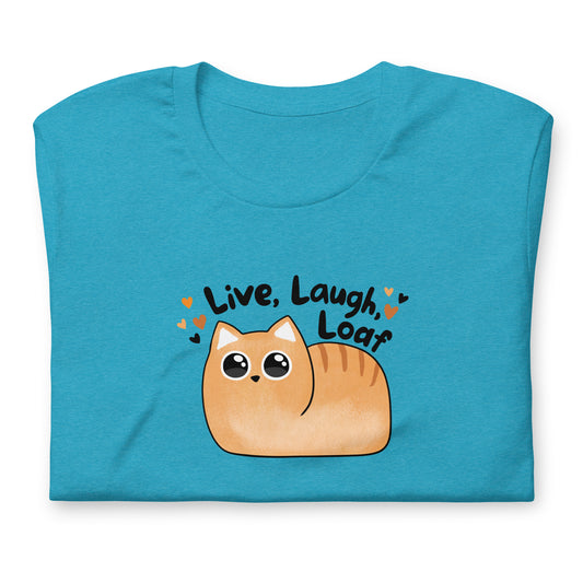 folded unisex t-shirt in aqua heather color, featuring graphic of a kawaii style cat with text Live Laugh Loaf and tiny hearts.