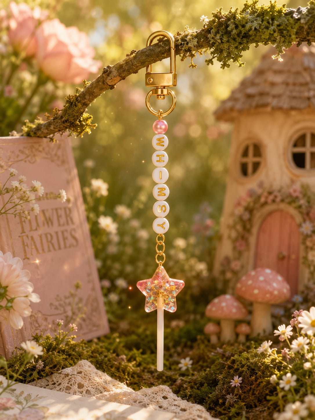 Decorative bag charm with star charm shaped lollipop charm with fairy house and flowers in the background
