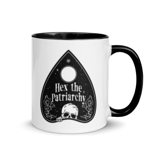 Hex the Patriarchy Ouija Planchette Color Inside Ceramic Coffee Mug by Spinsterly Co, black interior