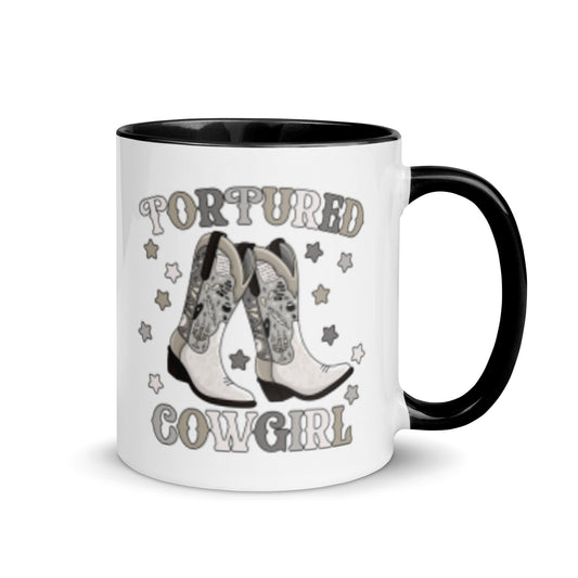 Tortured Cowgirl Western Boot Accent Coffee Mug by Spinsterly Co, glossy ceramic with black interior and boots