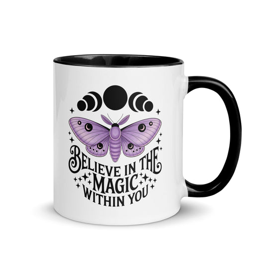 Believe in the Magic Within You Moth Moon Accent Coffee Mug by Spinsterly Co, white ceramic with glossy finish