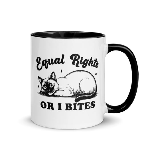 Equal Rights or I Bites Siamese Cat Accent Coffee Mug by Spinsterly Co, white ceramic with glossy black text