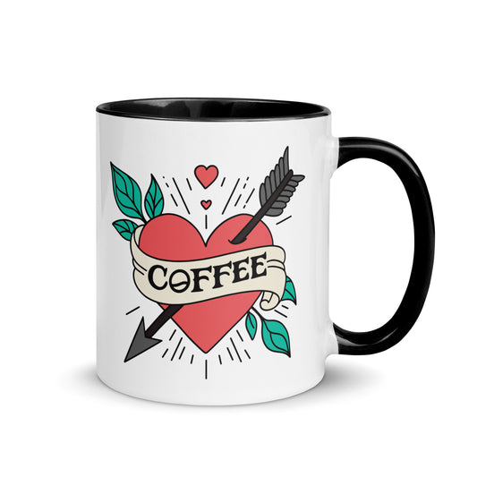 Coffee Tattoo Heart Arrow Accent Coffee Mug by Spinsterly Co with glossy white ceramic and black interior