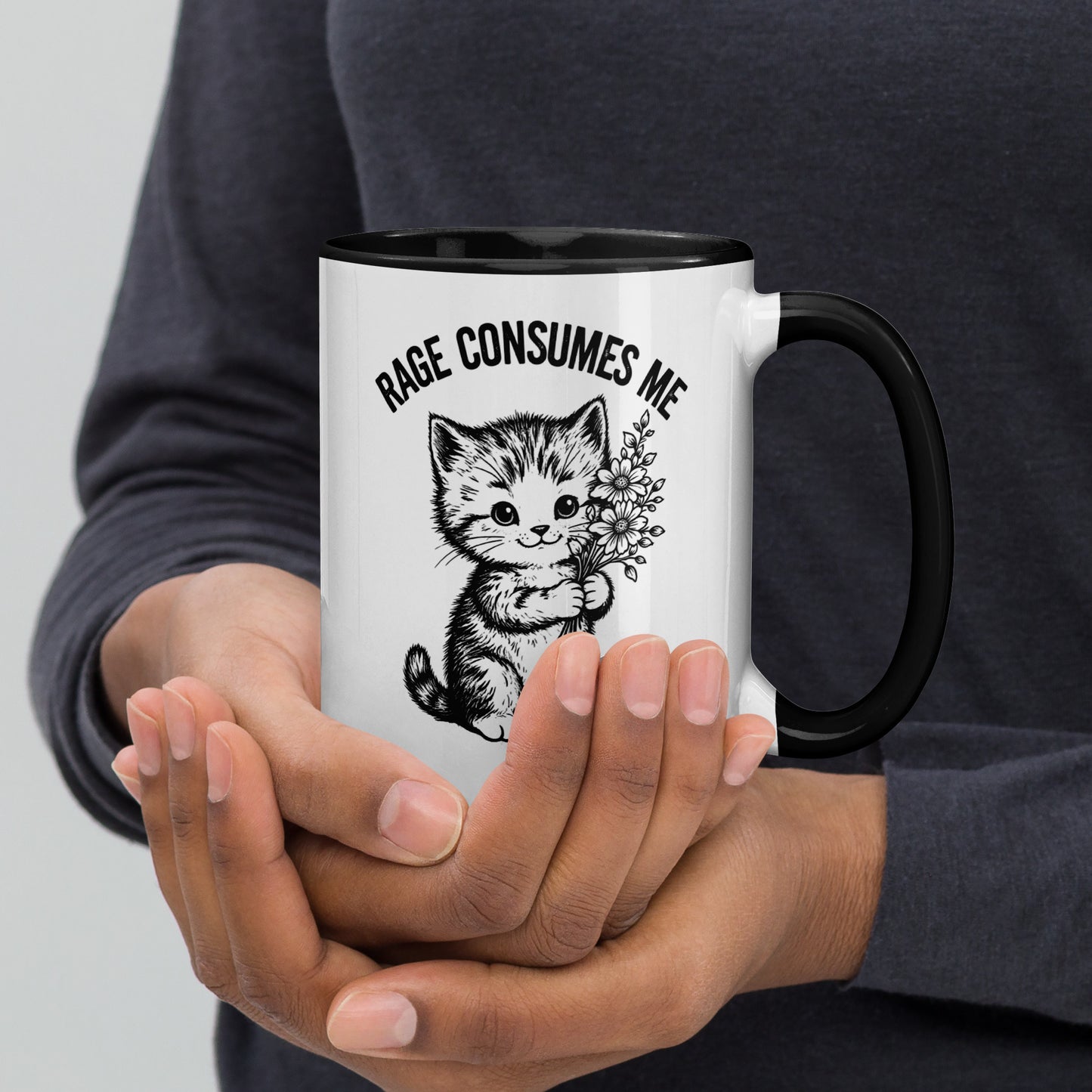 Rage Consumes Me Angry Cat Accent Coffee Mug by Spinsterly Co, glossy ceramic with black interior and handle