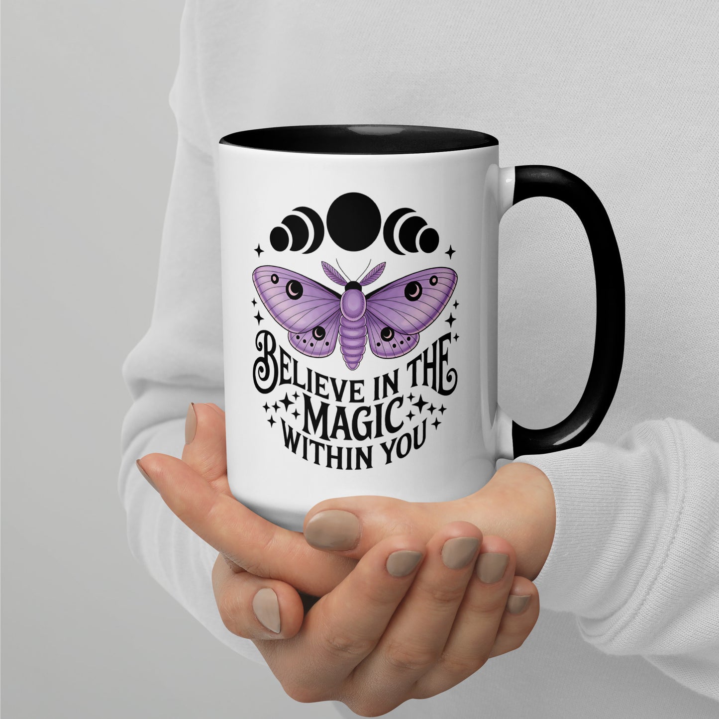 Believe in the Magic Within You Moth Moon Accent Coffee Mug by Spinsterly Co, white ceramic with purple moth