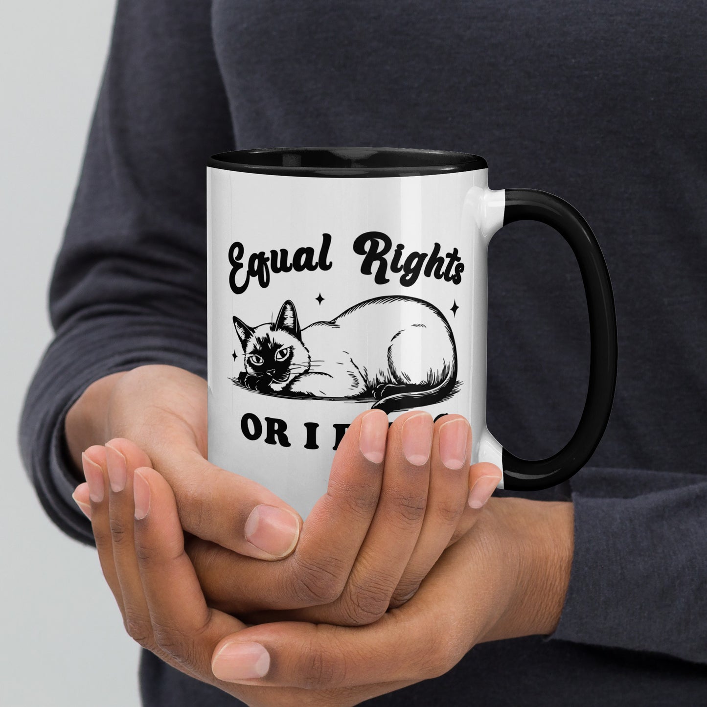 Equal Rights or I Bites Siamese Cat Accent Coffee Mug by Spinsterly Co, glossy ceramic with black interior