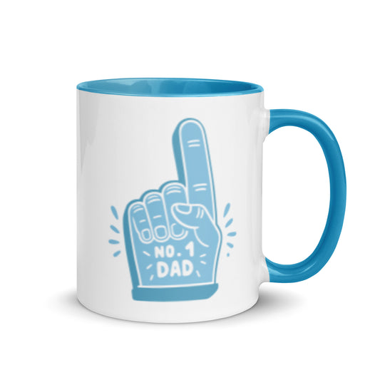No. 1 Dad Mug Foam Finger Ceramic Mug by Spinsterly Co, glossy white with blue handle and foam finger art
