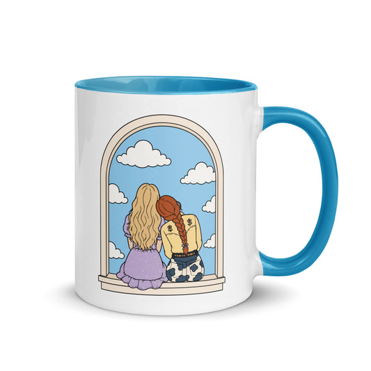 Windowsill Friends Color Inside Ceramic Mug by Spinsterly Co with blue interior and whimsical friendship scene