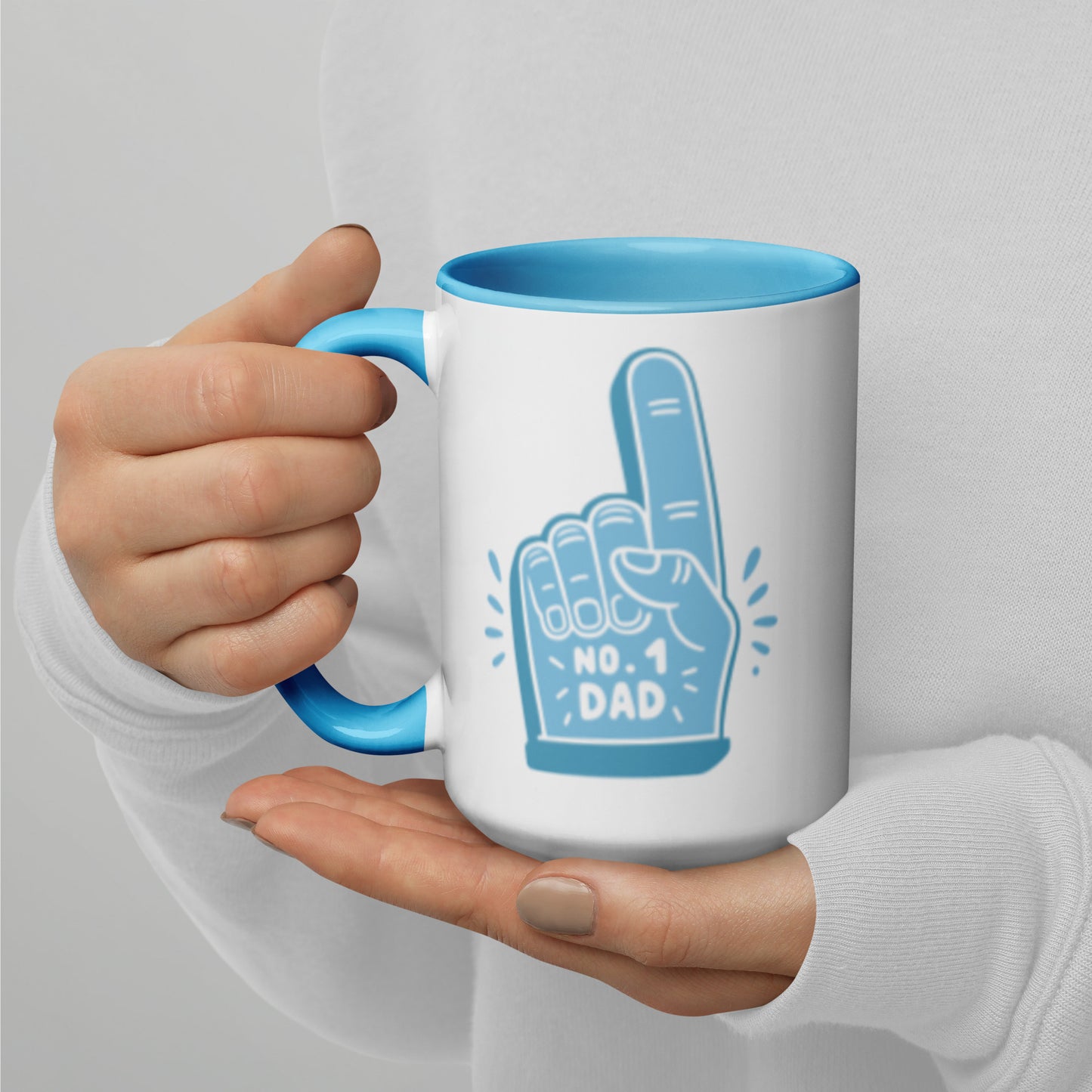 No. 1 Dad Mug Foam Finger Ceramic Mug by Spinsterly Co in white with blue glossy foam finger design