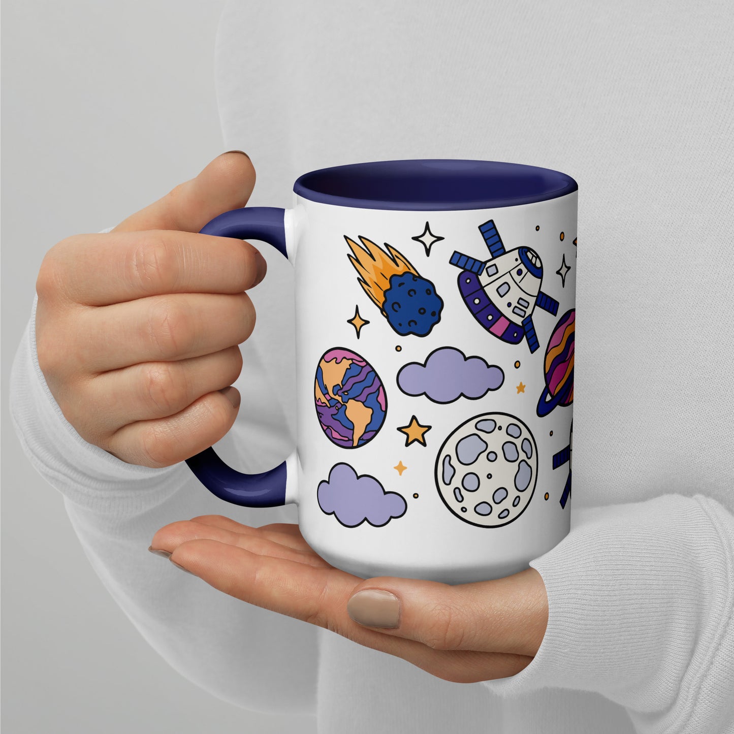 Cosmic Cuties Kawaii Space Pattern Accent Coffee Mug by Spinsterly Co in glossy navy and white with full-wrap art