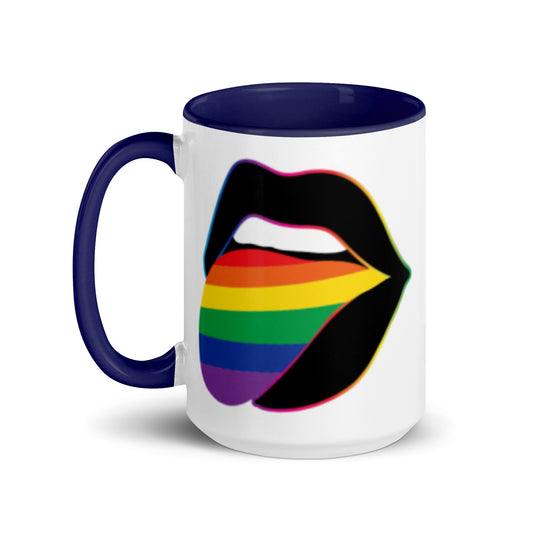 Pride Lips Mug Spinsterly Co rainbow LGBTQ ceramic mug in blue with glossy finish and bold lips graphic