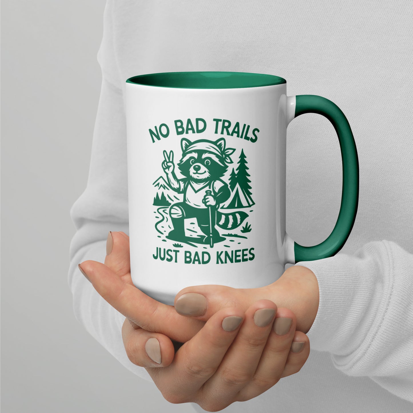 No Bad Trails Just Bad Knees Hiking Accent Coffee Mug by Spinsterly Co, glossy ceramic with green interior