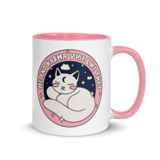 Cozy Cat Energy Mug Spinsterly Co ceramic coffee mug with glossy finish and pink interior starry cat
