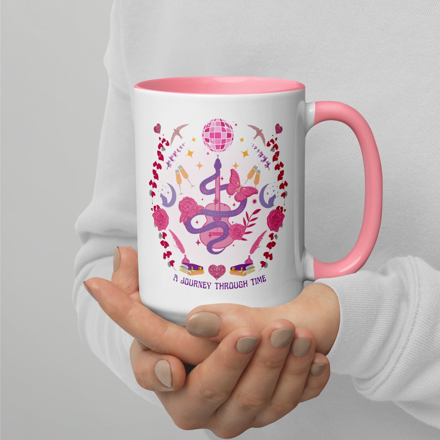 A Journey Through Time Pop Musical Era Coffee Mug by Spinsterly Co, glossy ceramic with pink interior and disco ball art