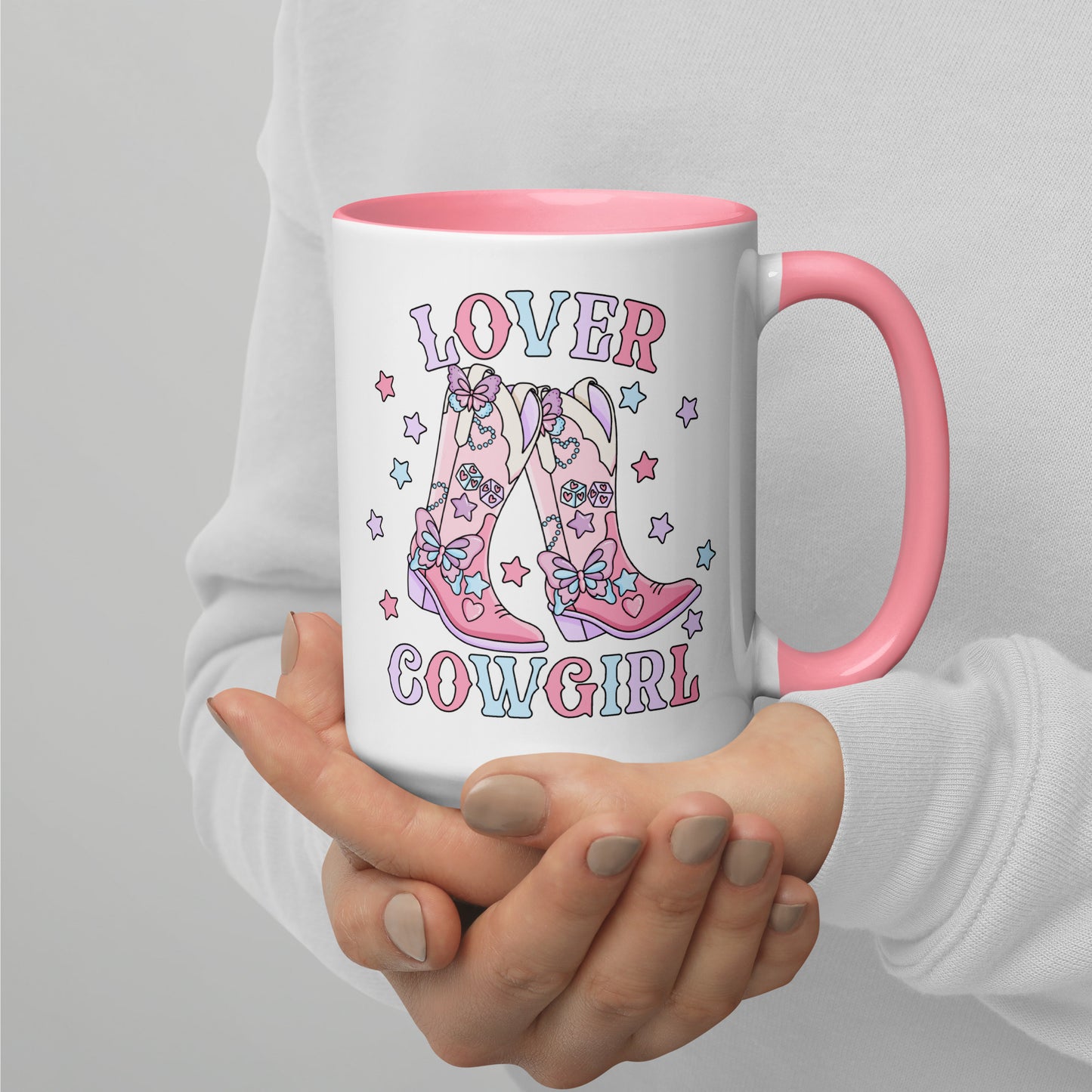 Lover Cowgirl Coquette Western Boot Accent Coffee Mug by Spinsterly, white ceramic with pink interior and glossy print