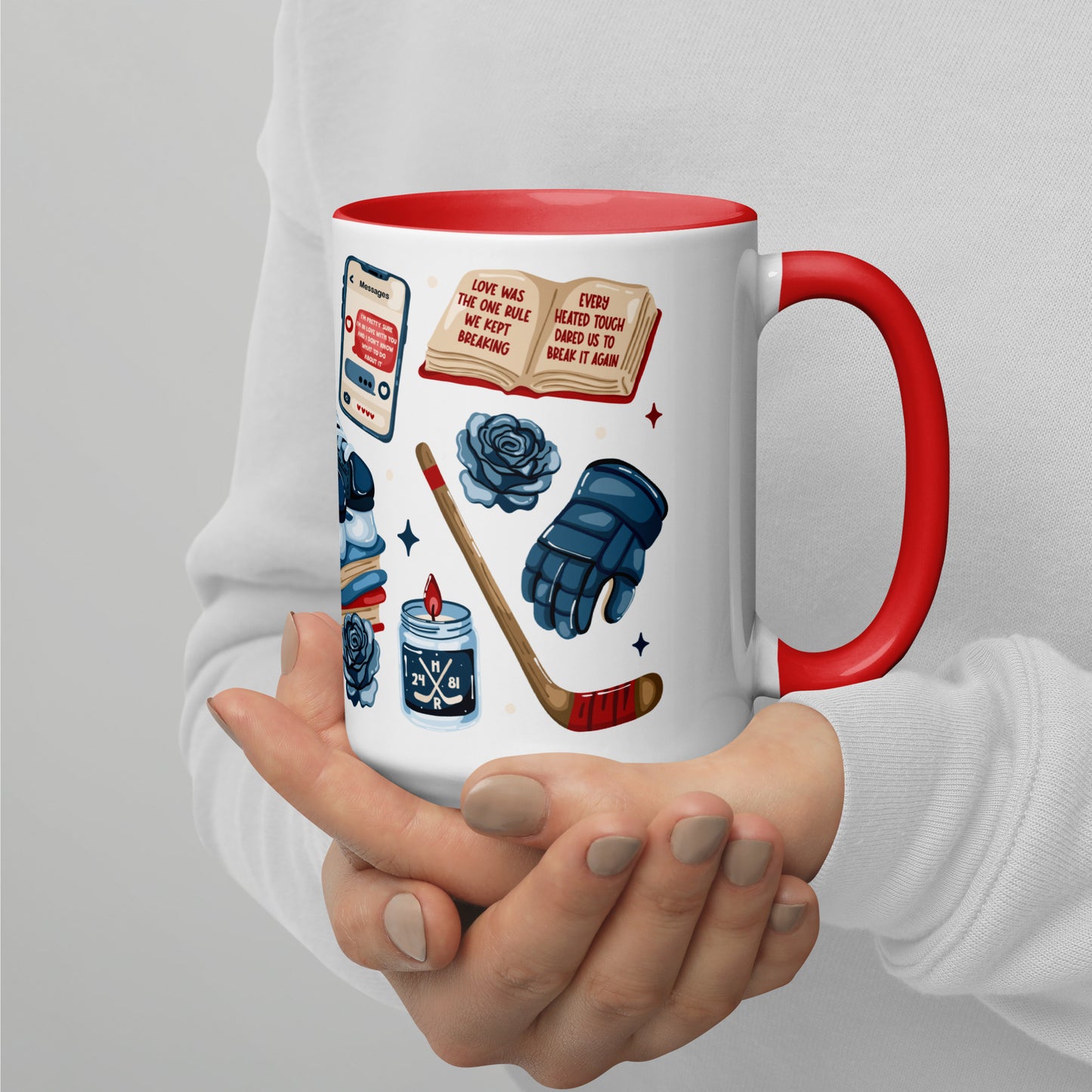 Queer Hockey Romance Scatter Pattern Accent Coffee Mug by Spinsterly Co in glossy white with red interior