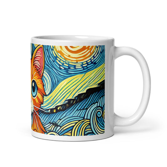 Starry Night Cat Glossy White Coffee Mug by Spinsterly Co in glossy white with wrap-around night-sky cat art