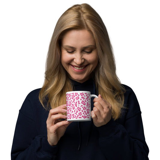 Pink Leopard Print White Glossy Mug | Breast Cancer Awareness Month - Spinsterly Co