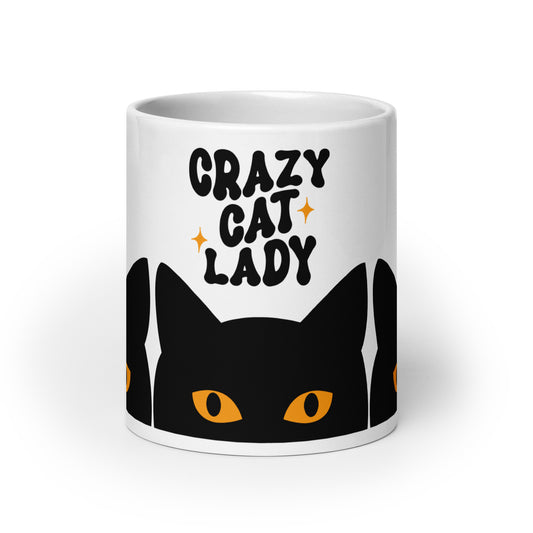 Crazy Cat Lady Peeking Black Cat Glossy White Coffee Mug by Spinsterly Co, glossy ceramic with peeking cat eyes