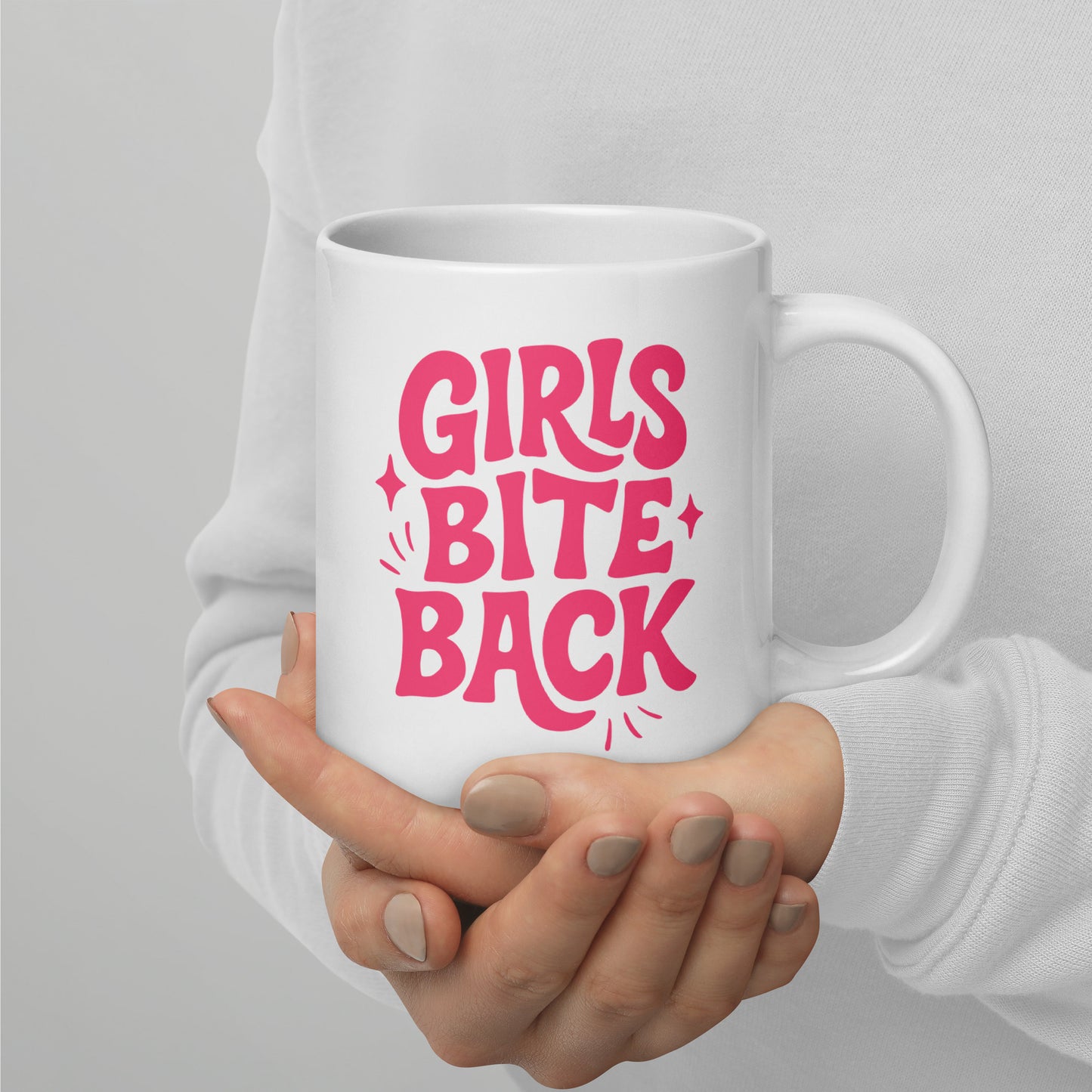 Girls Bite Back Glossy White Coffee Mug by Spinsterly Co, glossy ceramic with pink retro printed text