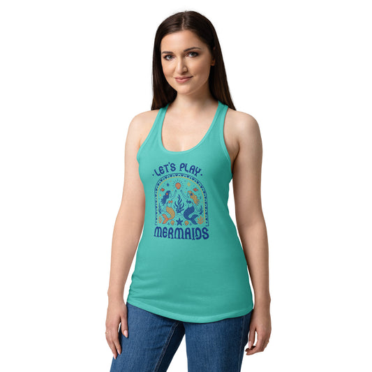 Let's Play Mermaids Racerback Tank Ocean Graphic Summer Tank Top by Spinsterly Co in Tahiti Blue with soft jersey
