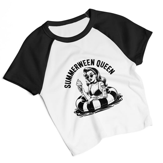 Summerween Queen Raglan Baby Tee by Spinsterly Co black and white raglan crop top with contrast sleeves