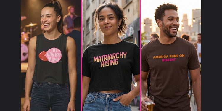 Models wearing feminist and political graphic tees — Tees and Tops collection at Spinsterly Co.
