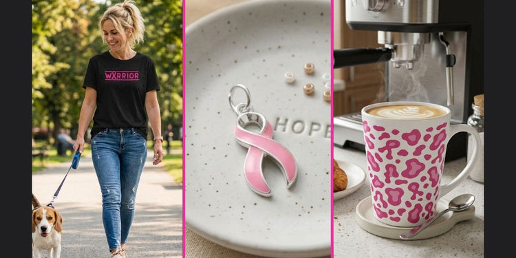 Spinsterly Co Breast Cancer Awareness collection collage featuring a woman walking a beagle in a black Warrior graphic tee, a pink breast cancer awareness ribbon charm on a Hope dish, and a pink leopard print latte mug next to an espresso machine