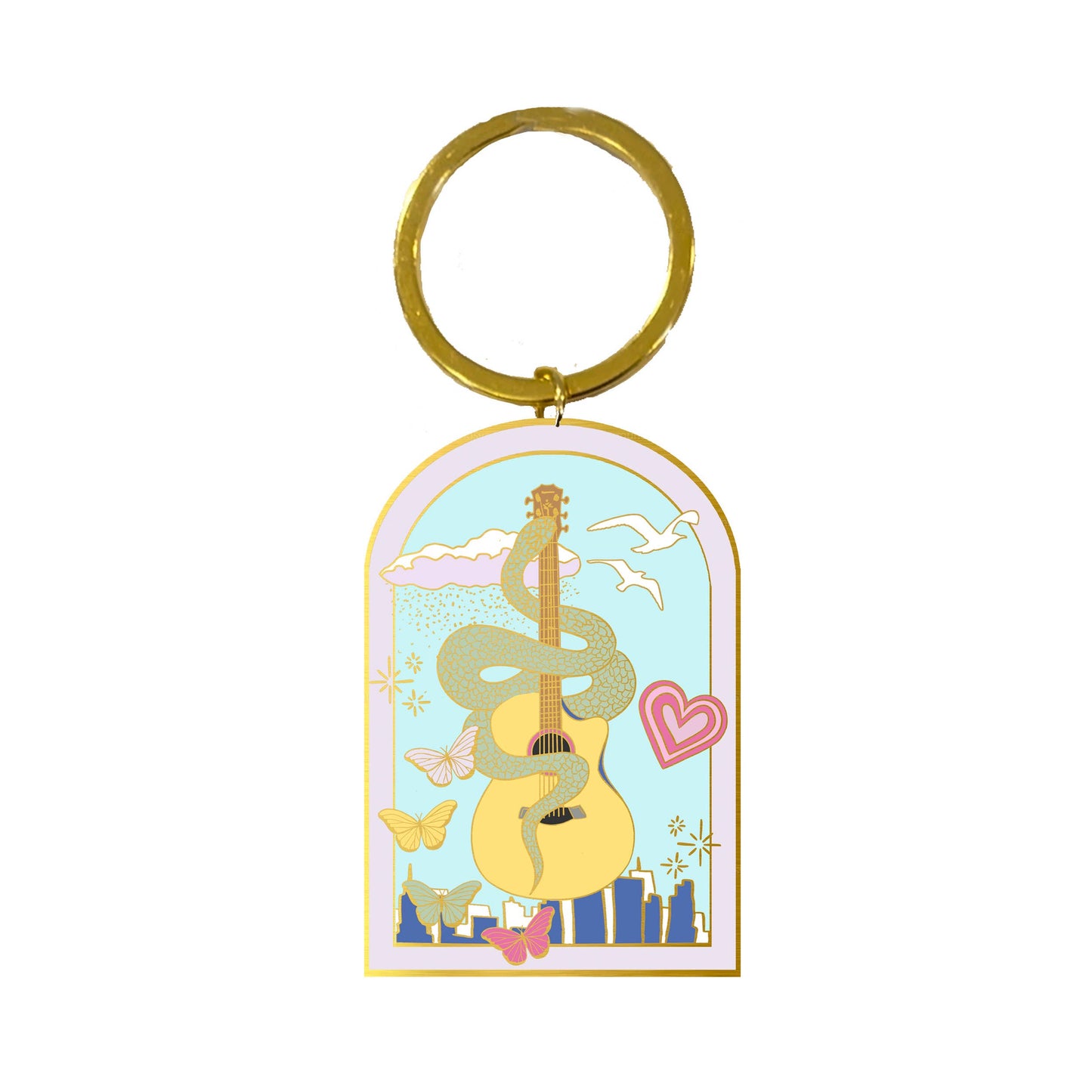 Music Icon Enamel Keychain by Spinsterly Co with gold hard enamel and lobster claw loop, snake guitar butterfly