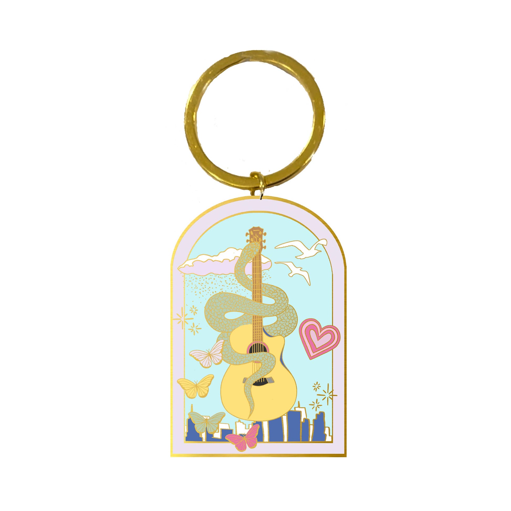 Music Icon Enamel Keychain by Spinsterly Co with gold hard enamel and lobster claw loop, snake guitar butterfly
