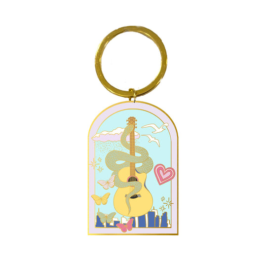 Music Icon Enamel Keychain by Spinsterly Co with gold hard enamel and lobster claw loop, snake guitar butterfly