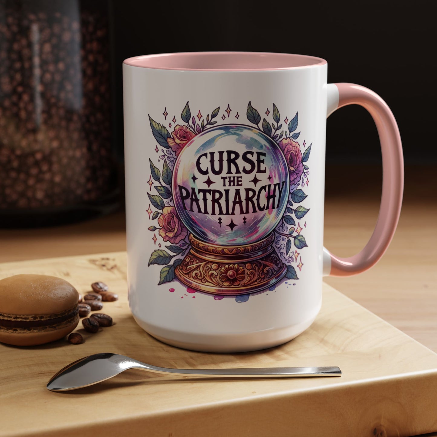 Curse the Patriarchy Floral Crystal Ball Accent Coffee Mug Spinsterly Co Pink ceramic with gothic lettering