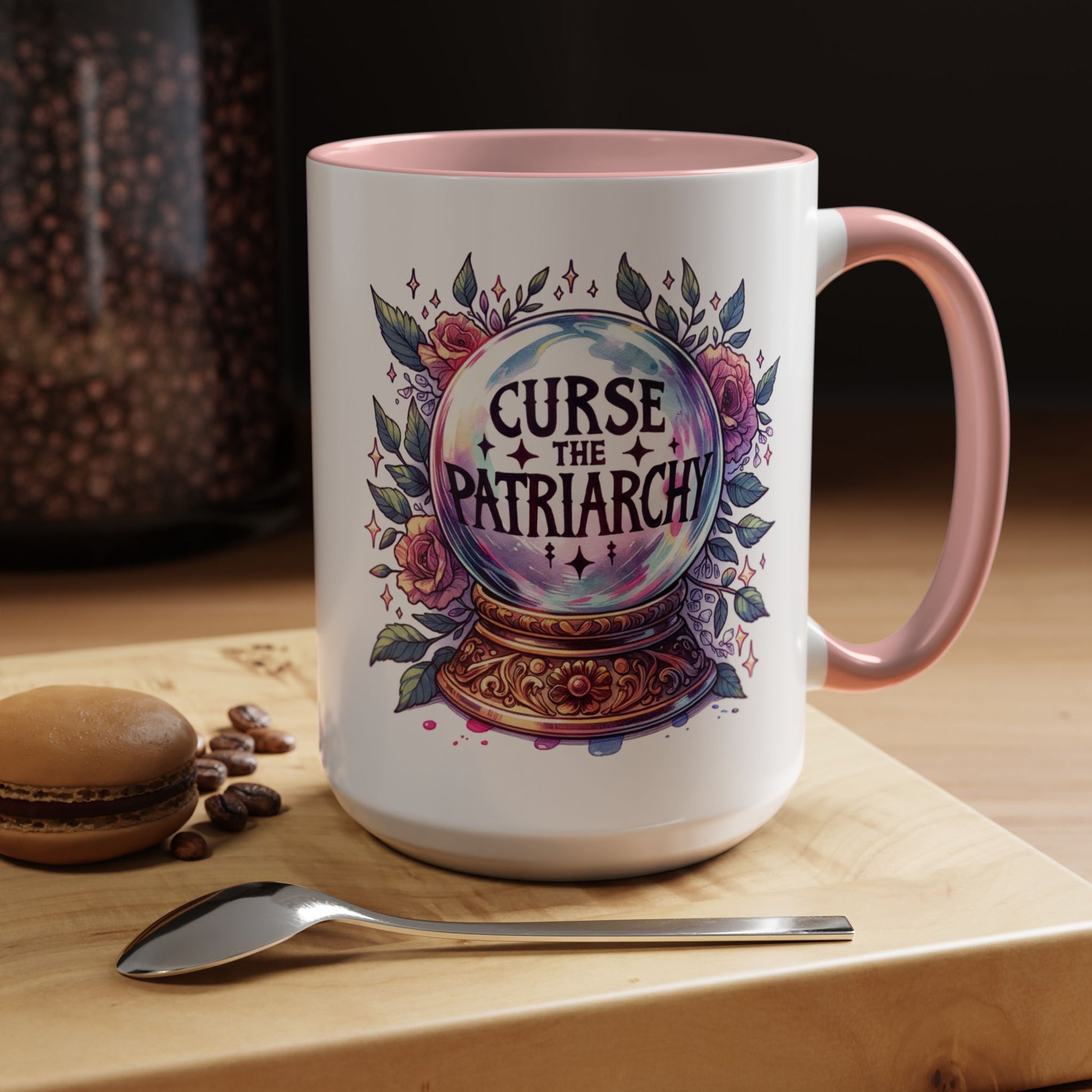 Curse the Patriarchy Floral Crystal Ball Accent Coffee Mug Spinsterly Co Pink ceramic with gothic lettering