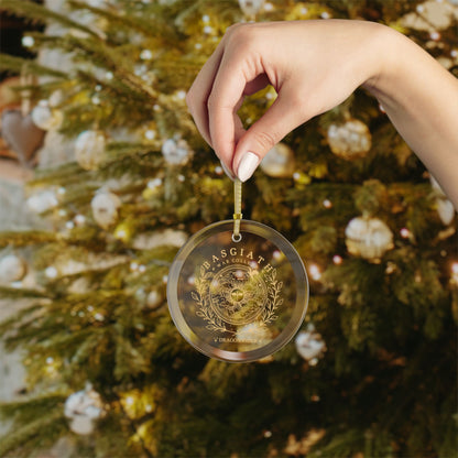 Dragon Rider Crest Glass Ornament by Spinsterly Co, round gold glass with beveled edges and hanging ribbon