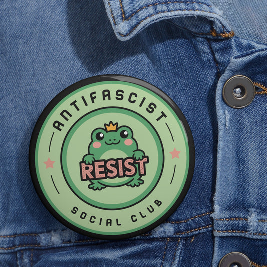 Antifascist Social Club Resist Pin Button Kawaii Frog Political Badge by Spinsterly, glossy mylar frog design