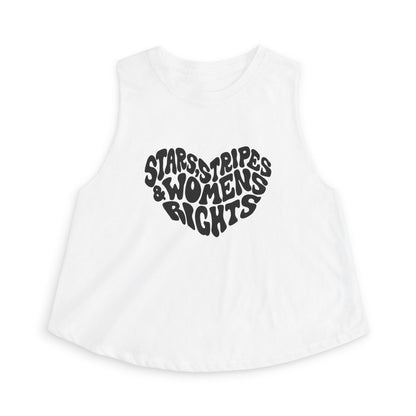 Stars, Stripes Women's Rights Crop Top by Spinsterly Co in solid white with bold black activist graphic