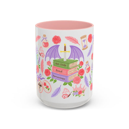 Hot Girls Read Romantasy Accent Coffee Mug Spinsterly Co Pink glossy ceramic with full wrap illustration