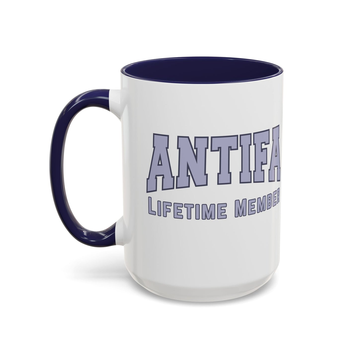 Antifa Lifetime Member Accent Coffee Mug Spinsterly Co navy ceramic mug with glossy bold block lettering