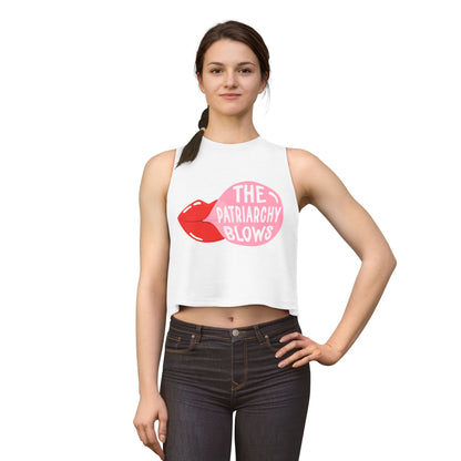 The Patriarchy Blows Crop Top by Spinsterly Co womens graphic crop top white with pink and red print