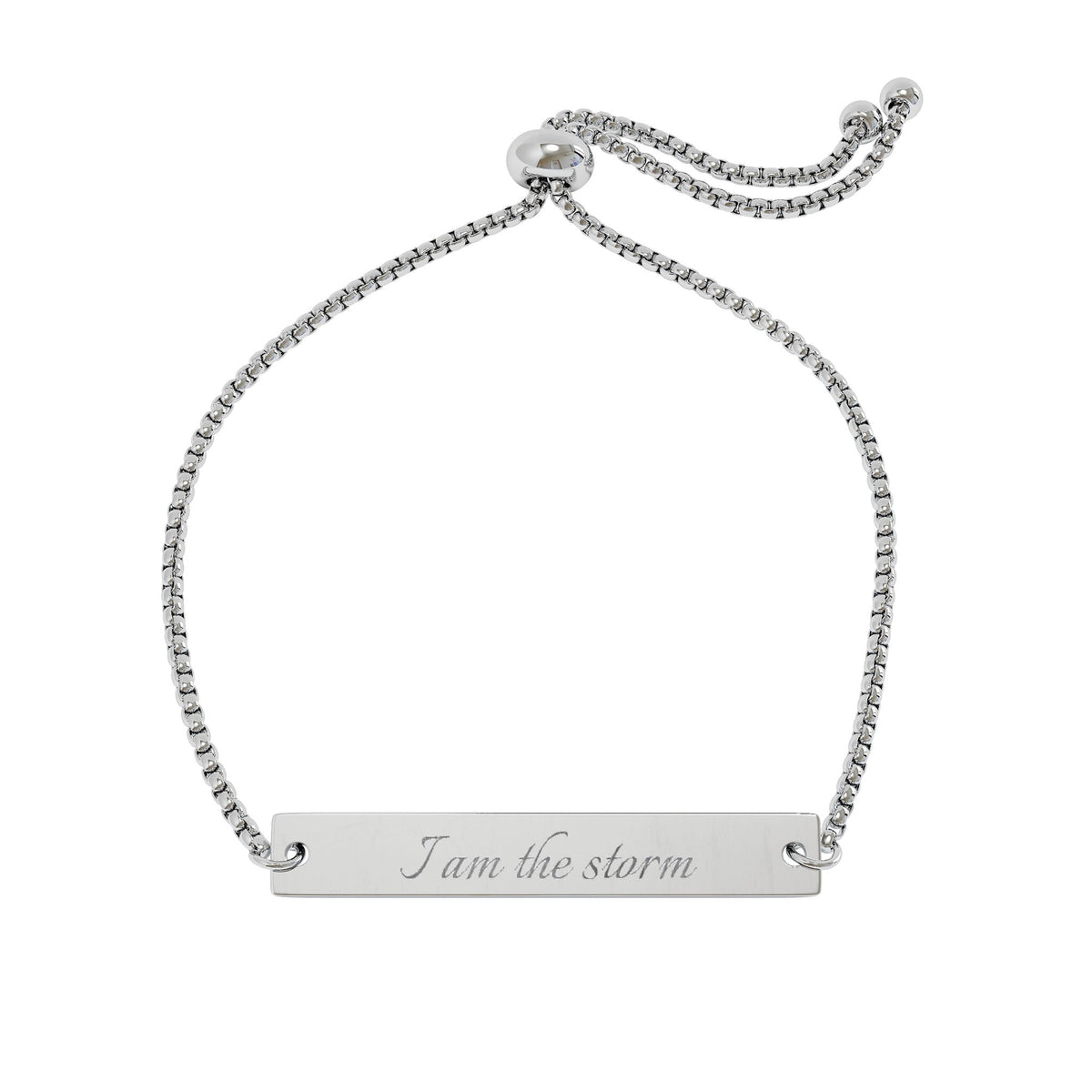 "I Am the Storm" Engraved Flat Bar Bracelet | Adjustable Bolo Chain - Spinsterly Co