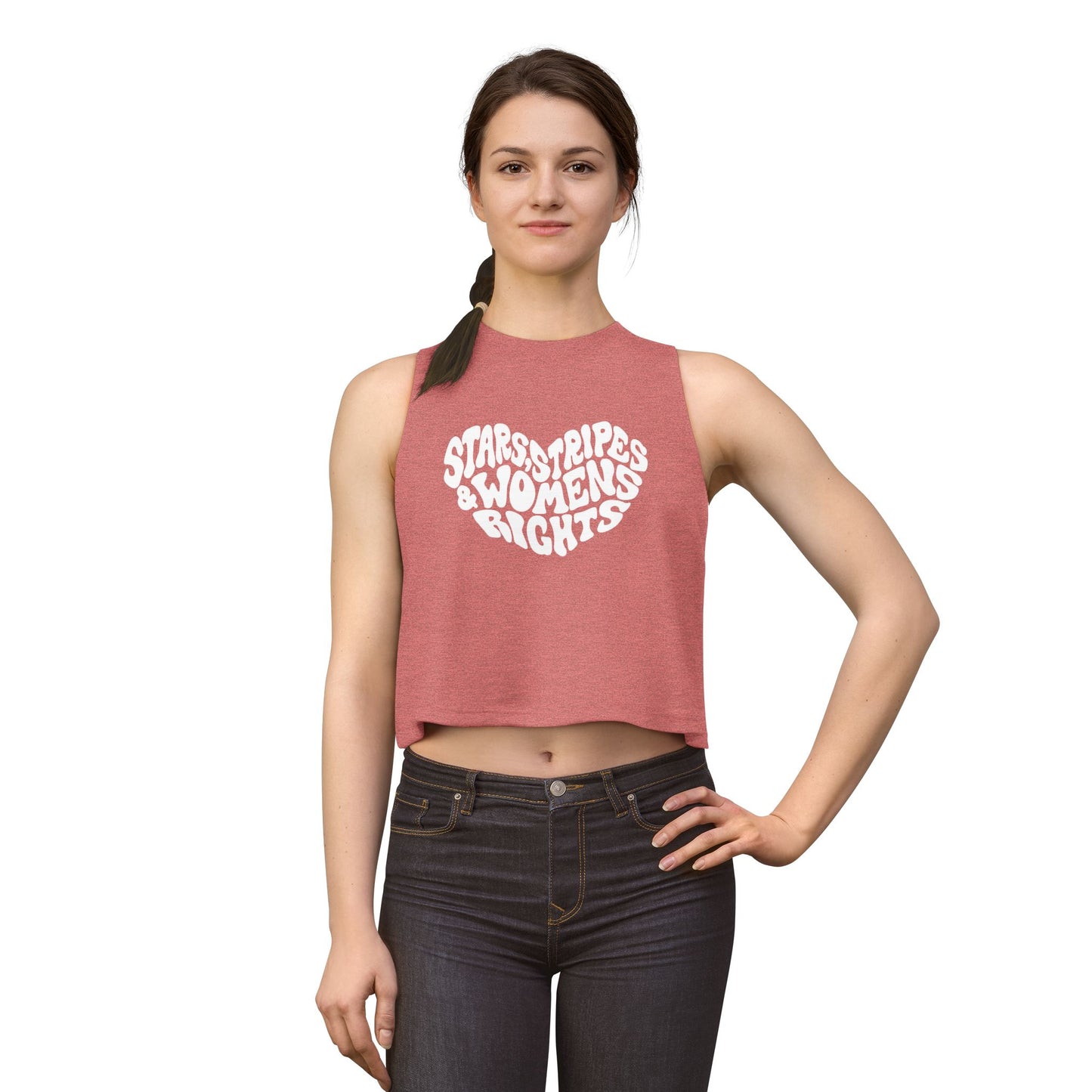 Stars, Stripes Women's Rights Crop Top by Spinsterly Co in Heather Dusty Blue with activist graphic print