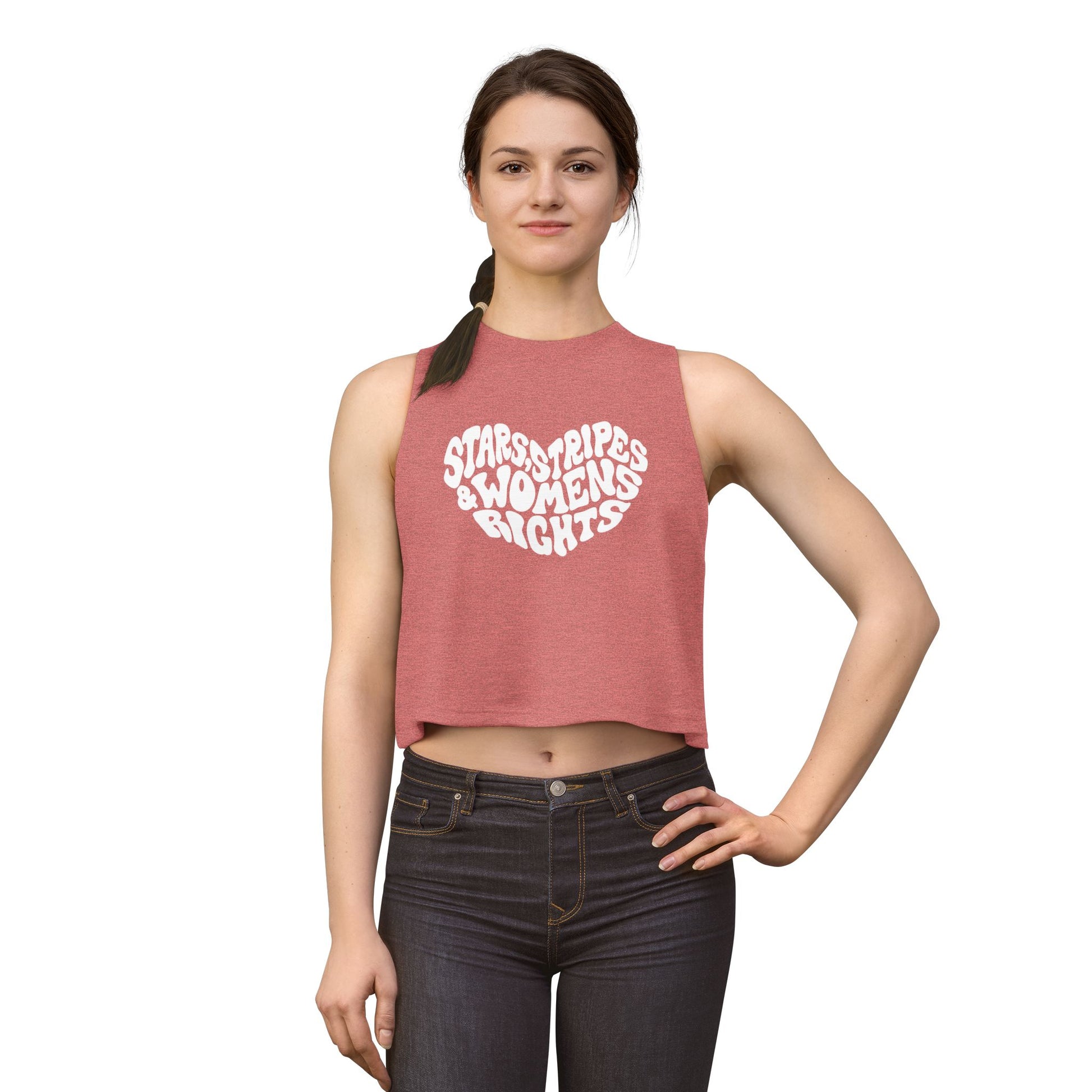 Stars, Stripes Women's Rights Crop Top by Spinsterly Co in Heather Dusty Blue with activist graphic print