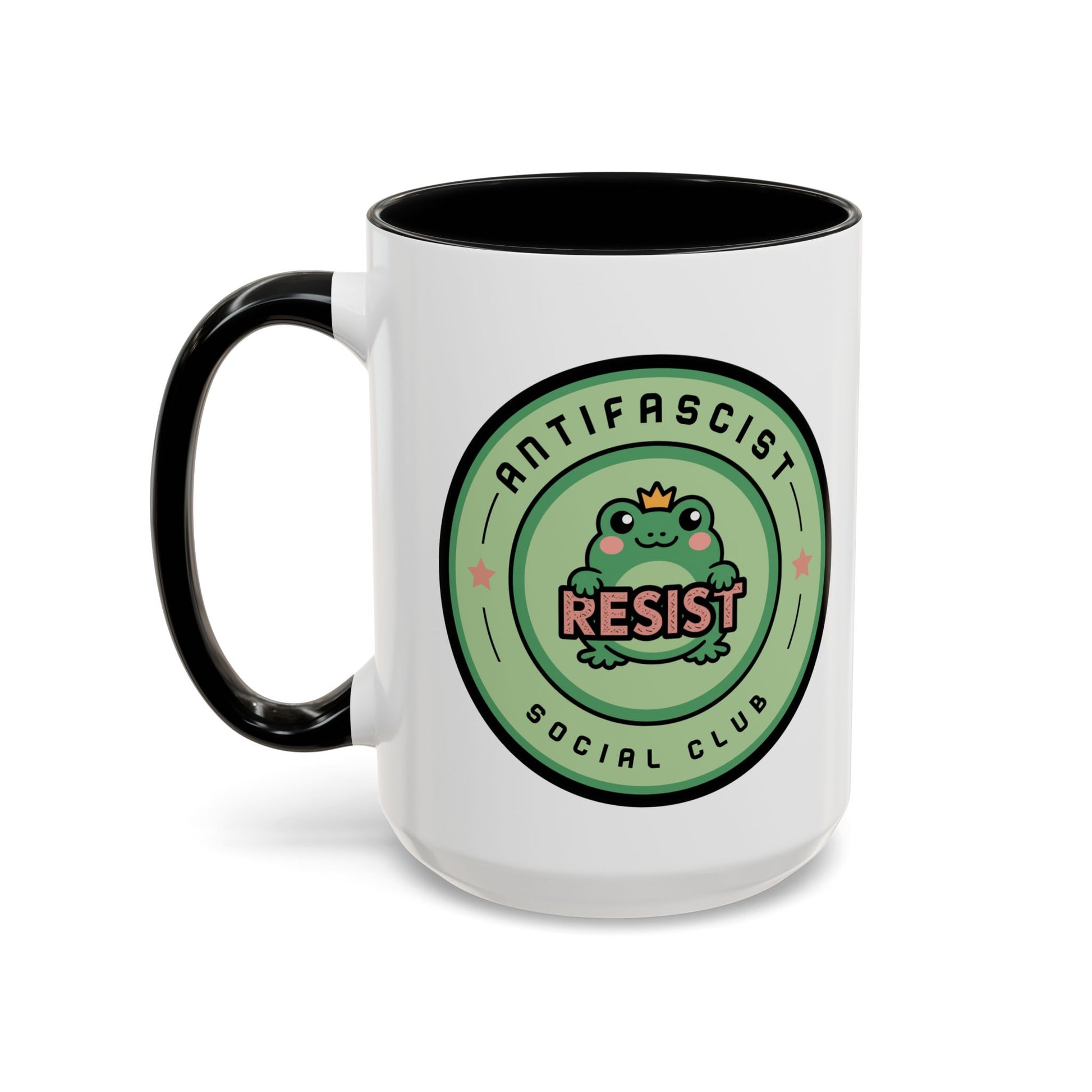 Antifascist Social Club Resist Accent Coffee Mug Spinsterly Co kawaii frog resist badge on glossy white ceramic