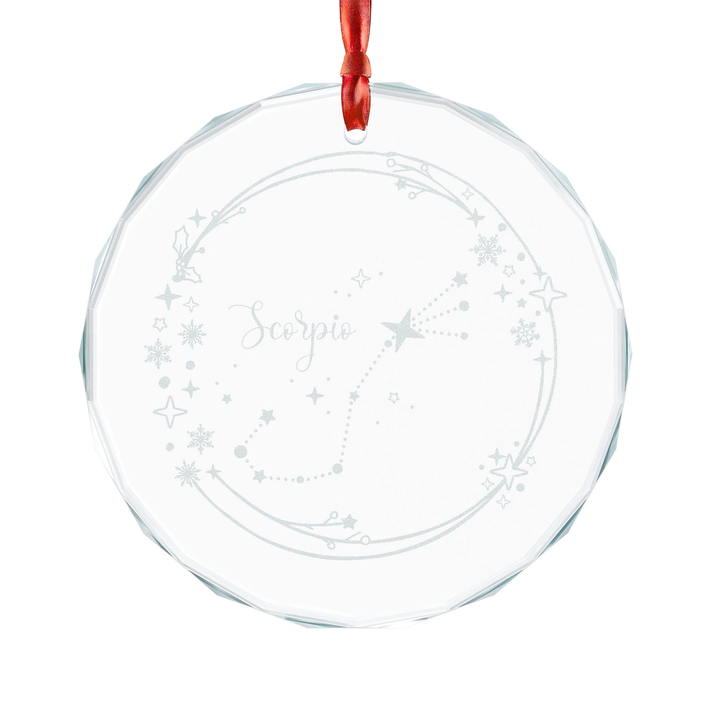Scorpio Constellation Crystal Glass Ornament by Spinsterly Co, engraved zodiac star map on faceted circle