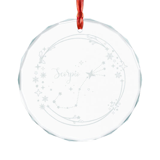 Scorpio Constellation Crystal Glass Ornament by Spinsterly Co, engraved zodiac star map on faceted circle