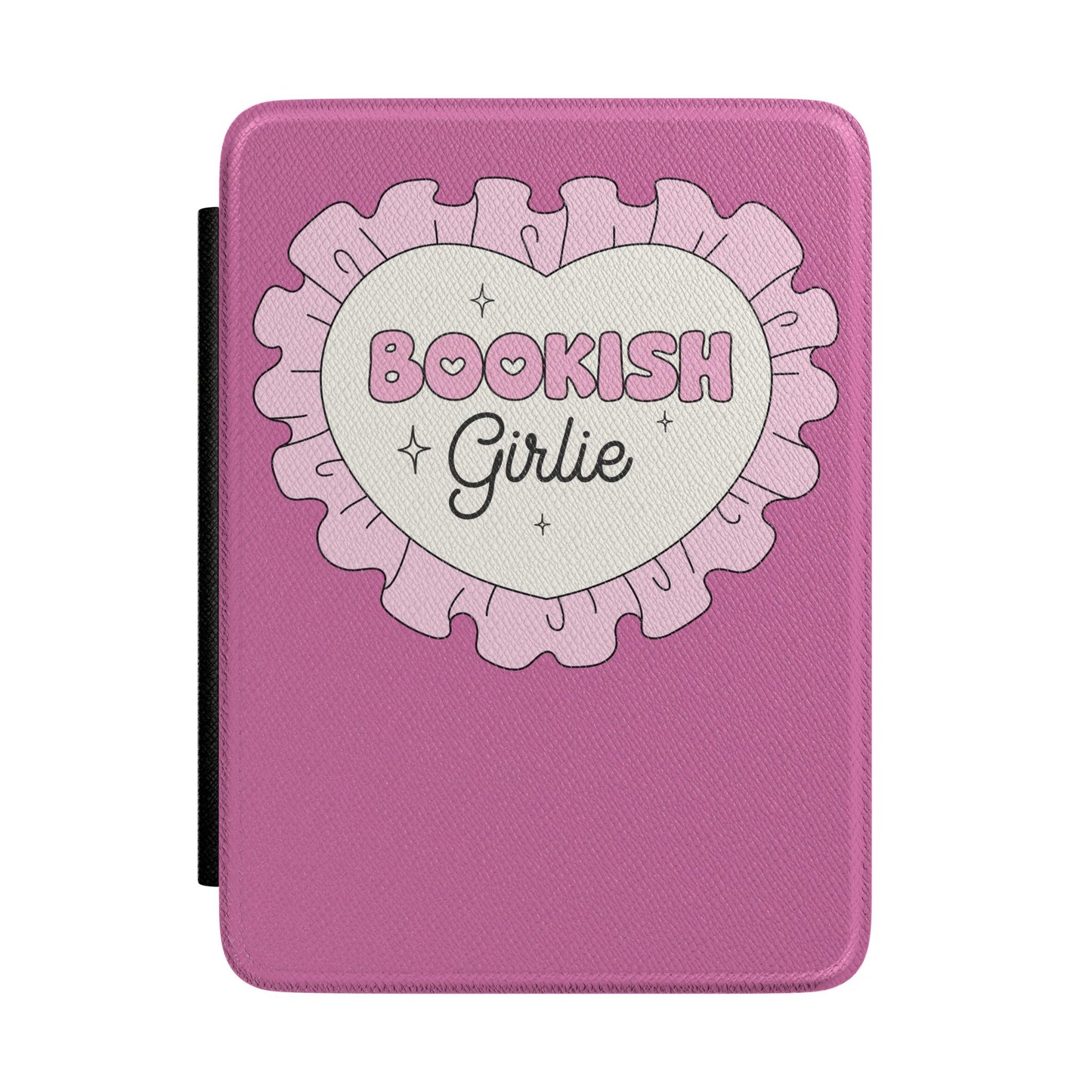 Bookish Girlie Kindle Case by Spinsterly Co with pink heart Saffiano cover and sparkle accents for Paperwhite