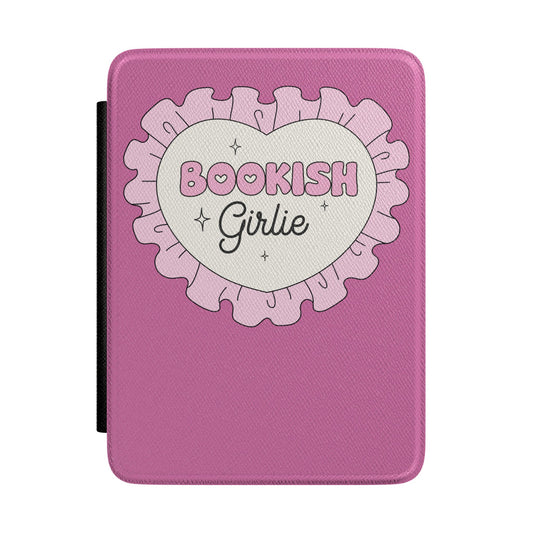 Bookish Girlie Kindle Case by Spinsterly Co with pink heart Saffiano cover and sparkle accents for Paperwhite